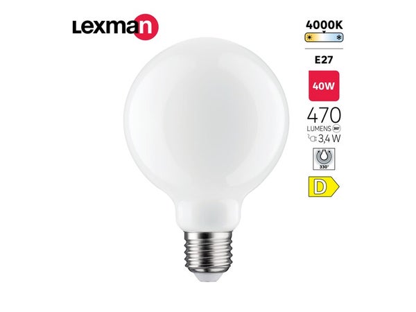 Ampoule led, globe 80mm E27, 470lm = 40W, blanc neutre, LEXMAN