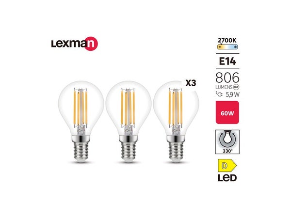 Lot de 3 ampoules led à filament  E14, 806Lm = 5.9W, LEXMAN