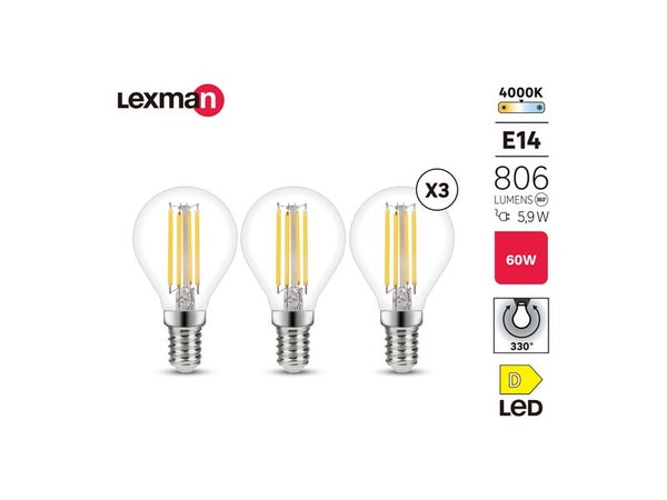 Lot de 3 ampoules led à filament  E14, 806Lm = 5.9W, LEXMAN