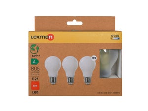 Lot de 3 ampoules led à filament classique,  E27, 806lm = 60W, blanc chaud, LEXMAN