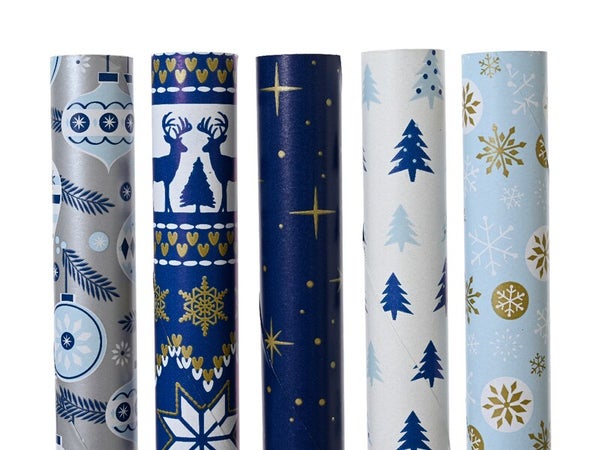 Papier cadeau 5 designs Noël assortis bleu/blanc 2m
