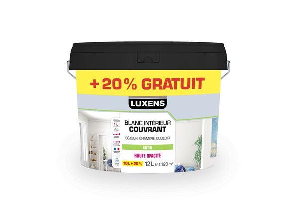 Peinture mur, boiserie blanc satin LUXENS Couvrant 10L+20% gratuit