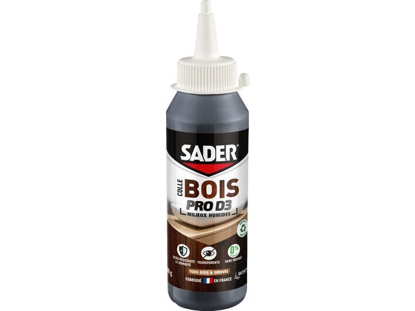 Colle assemblage bois vinylique intérieur/extérieur milieu humide sous abri Sader pro D3 biberon 100g