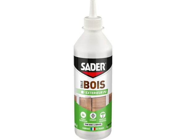 Colle assemblage bois polyuréthane extérieur Sader D4 biberon 500g