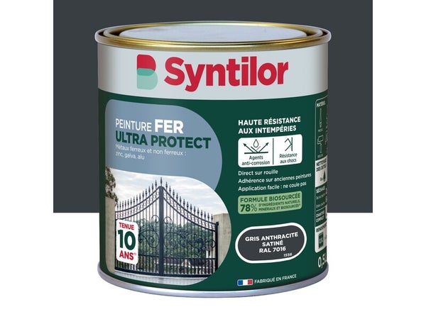 Peinture exterieure fer, alu Ultra protect SYNTILOR gris anthracite satine  0.5l