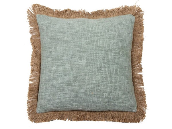 Coussin jute frange 50x50cm bleu