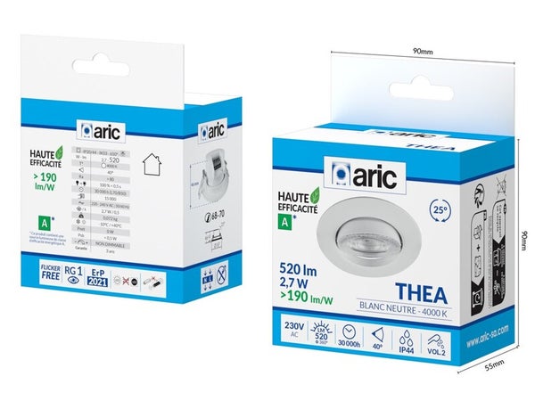 Spot encastré Thea led orientable classe A 4000K 520 lumens IP44 rond blanc ARIC