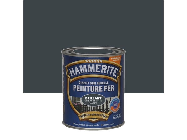 Peinture exterieure fer HAMMERITE gris anthracite brillant RAL 7016 0.75l