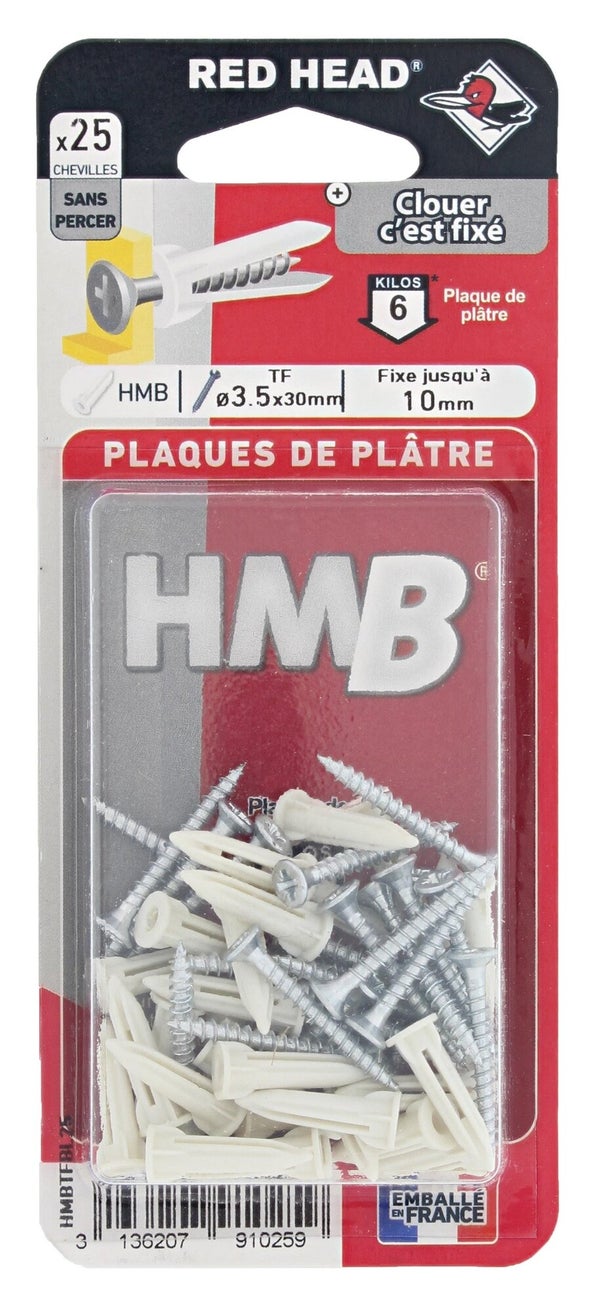 Lot de 25 chevilles et vis à clouer, RED HEAD, diam. 4 x L.20 mm