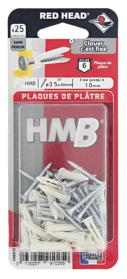Lot de 25 chevilles et vis à clouer, RED HEAD, diam. 4 x L.20 mm