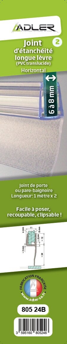 Joint d'étanchéité longue lèvre translucide, 2xL.100 cm pour verre Ep. 6-8 mm