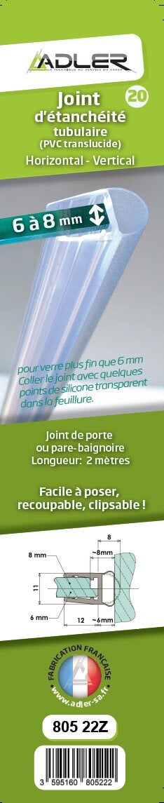 Joint d'étanchéité tubulaire translucide, L.195 cm pour verre Ep. 6 à 8 mm 