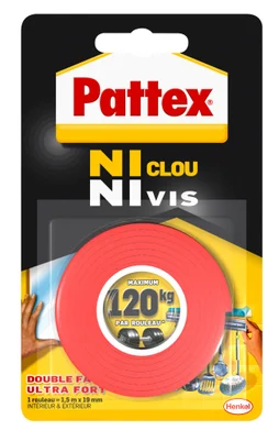 Adhésif double face, ni clous ni vis surfaces lisses, PATTEX, L.1.5 m x l.19 mm