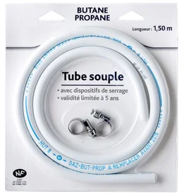 Tuyau caoutchouc gaz bp + 2 colliers, garantie 5 ans, GAZINOX, H.150 cm