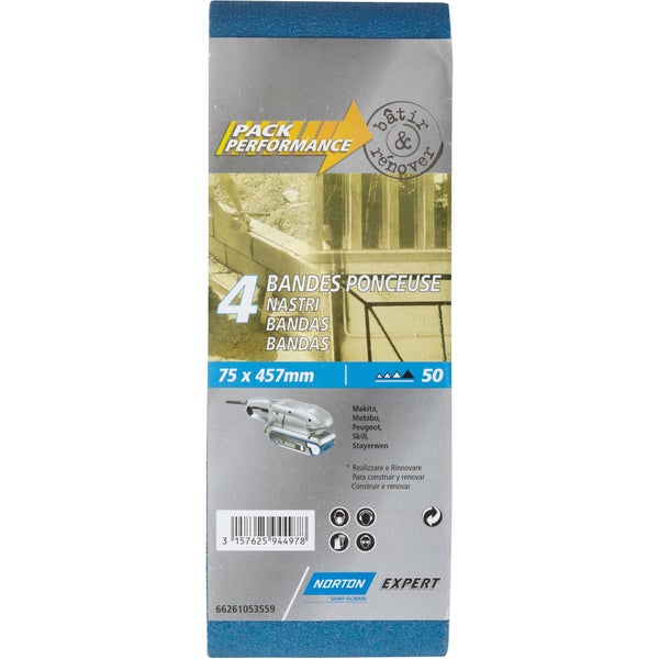 Lot de 4 bandes abrasives NORTON, 75 x 457 mm, grains 50