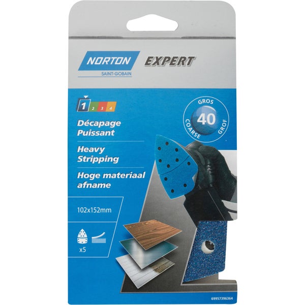 Lot de 5 patins abrasifs, NORTON, 102 x 152 mm grains 40