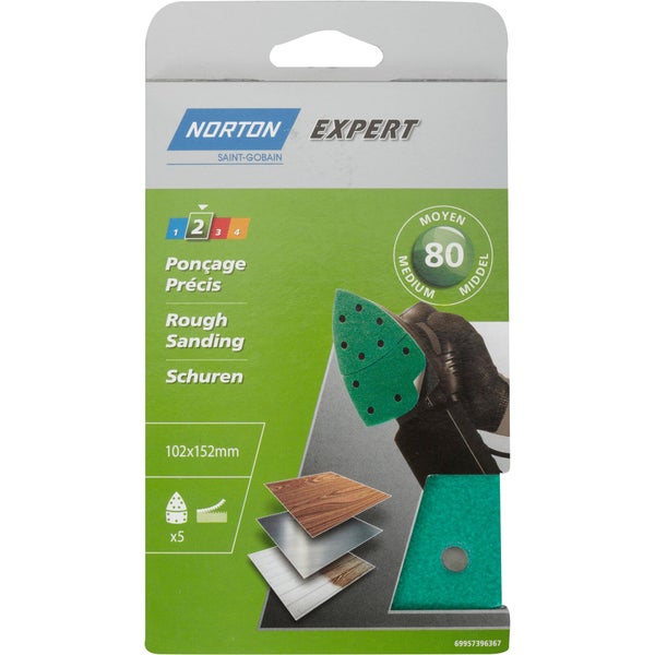 Lot de 5 patins abrasifs, NORTON, 102 x 152 mm grains 80