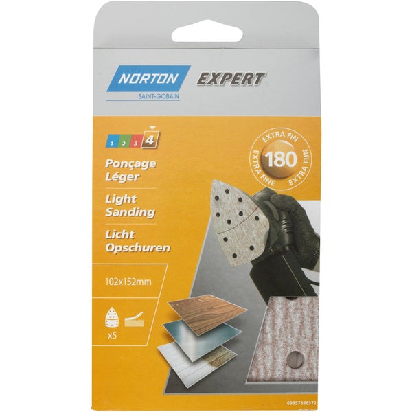Lot de 5 patins abrasifs, NORTON, 102 x 152 mm grains 180