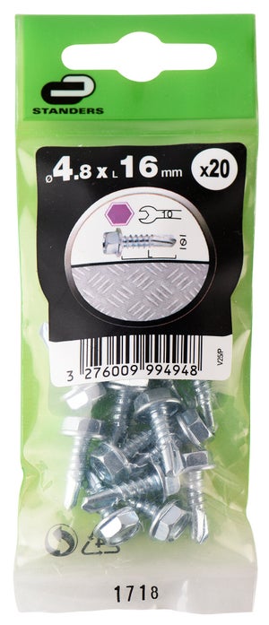 Lot de 20 vis tole tête héxagonale en acier zingué, STANDERS, diam. 4.8 x L.16 mm