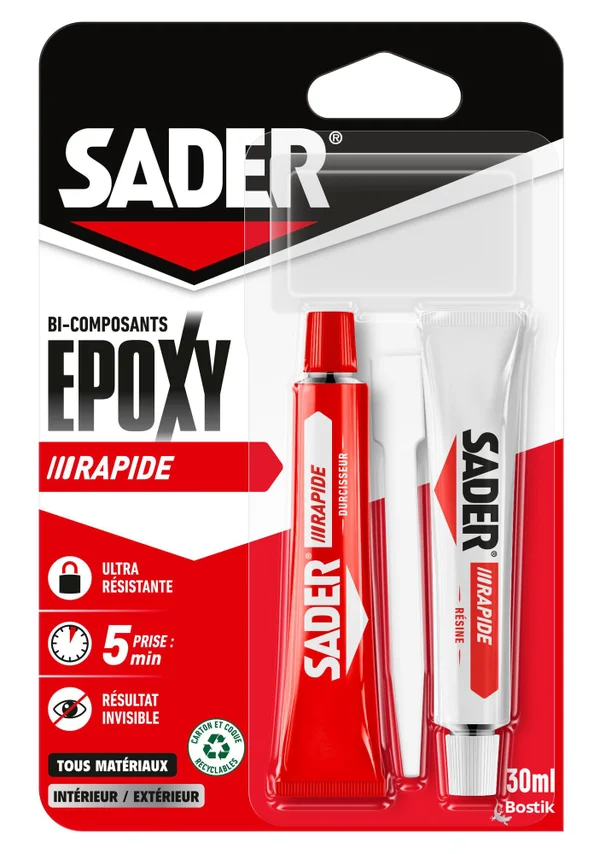 Colle de réparation époxy Bi-composants rapide SADER, 30ml transparent