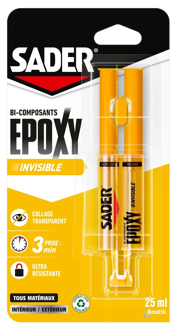 Colle de réparation époxy bi-composants invisible SADER, 25ml transparent