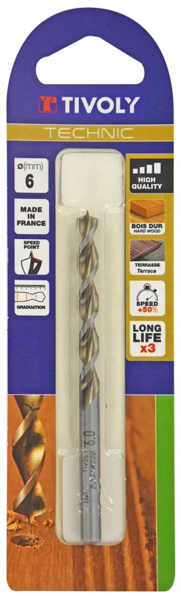 Foret hélicoïdaux pour bois TIVOLY, diam. 6 x 16 cm