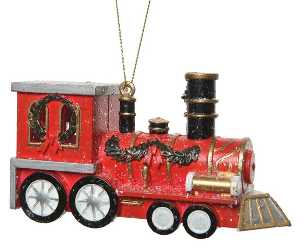 Deco Noel a suspendre plastique train 12x6x4cm rouge paileete