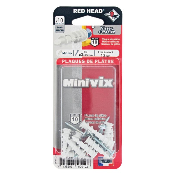 Lot De 10 Chevilles Et Vis À Visser Minivix Red Head, Diam.5 X L.25 Mm