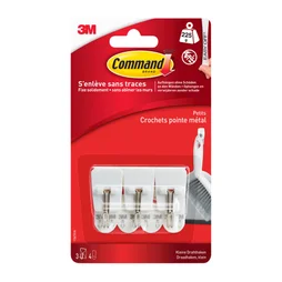 Lot de 3 crochets adhésif plastique pointe métal, COMMAND blanc 0.225 kg