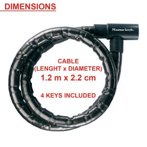 Câble Antivol Masterlock, L.1.2 M X Diam.22 Mm