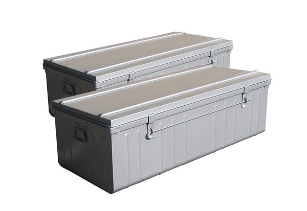 Lot de 2 cantines métal emboitées SNOR, peinture aluminium, 90 et 100 cm