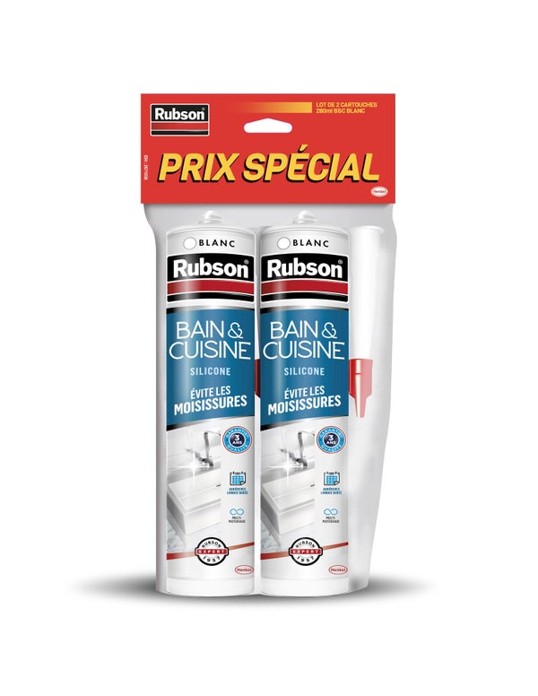 Lot de 2 mastic silicone cuisine/bain blanc RUBSON cartouche 280 ml