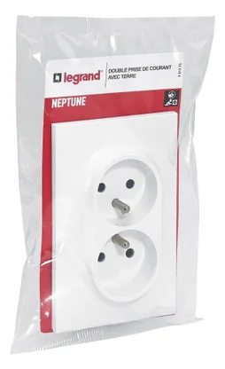 Double Prise Avec Terre Vertical Neptune, Blanc, Legrand