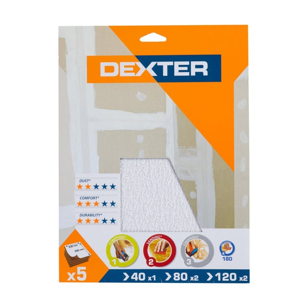Lot de 5 feuilles abrasives DEXTER pour ponceuse spéciale plâtre, grain 220