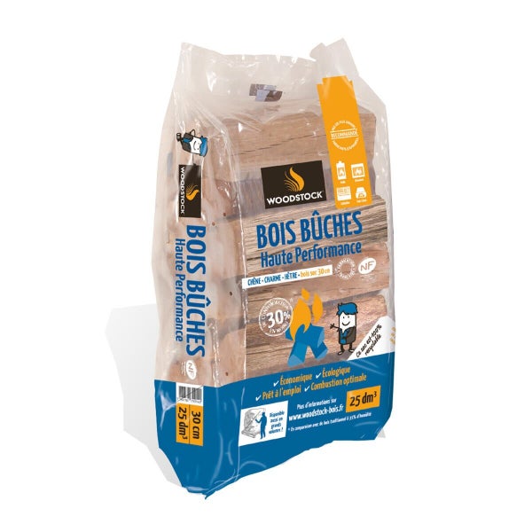 Bois bûches WOODSTOCK, sac de 25 dm³, L. 30 cm, feuillus