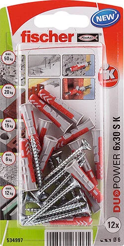 Lot de 12 chevilles et vis FISCHER, diam.6 x L.30 mm