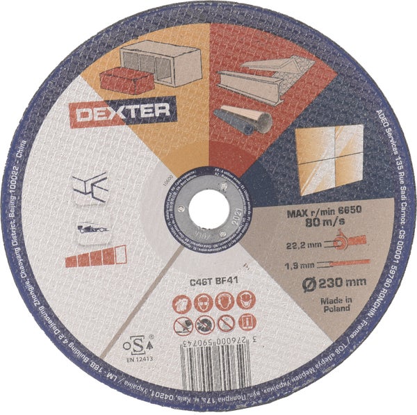 Disque De Coupe Pour Multimatière Dexter, Diam.230 X 1.9 X 22.23 Mm, T42