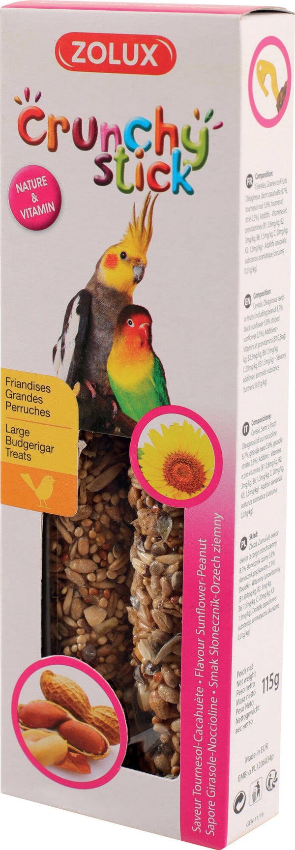 Friandise grande perruche crunchy stick tournesol/cacahuete 115