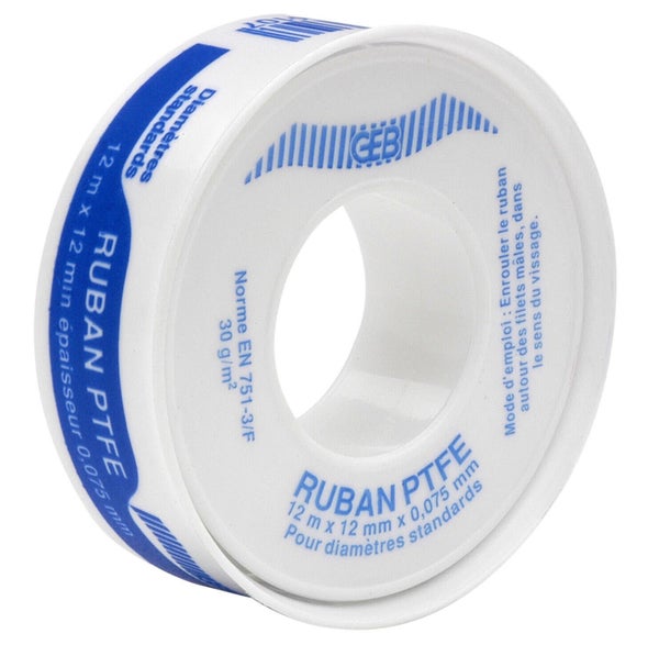 Ruban téflon, GEB, Ep. 0.075 x L.12 mm x L.12 m