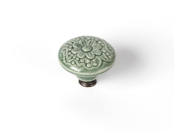 Bouton de meuble rond, porcelaine vert, Diam.44 mm