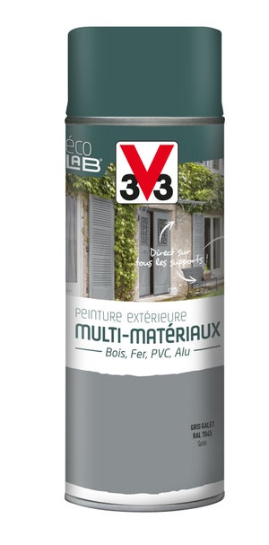 Peinture Aérosol Extérieur Multi-Matériaux V33, Gris Galet Satiné, 0.4 L