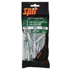 Lot de 25 chevilles et vis à frapper nylon Spit, diam. 6 x L. 50 mm