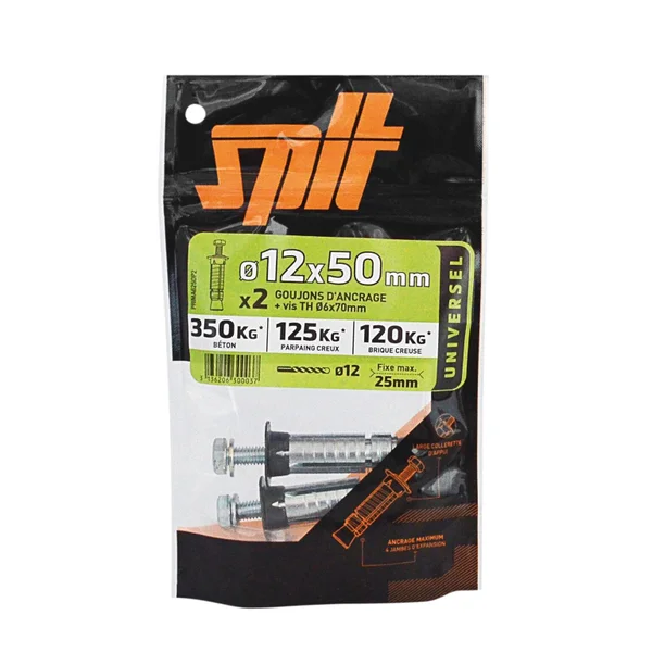 Lot De 2 Goujons Et Vis Acier Spit, Diam.12 X L.50 Mm