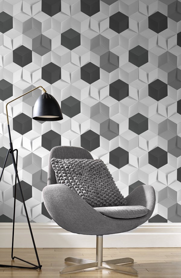 Papier Peint Intissé Hexagone 3D Blanc Alu