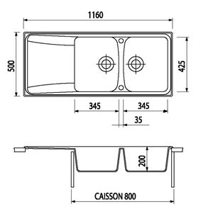 Evier à encastrer 2 bacs avec égouttoir, granit et résine, noir Roxana