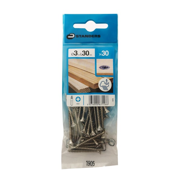 Lot De 30 Vis Inox Tête Fraisée Standers, Diam.3 Mm X L.30 Mm