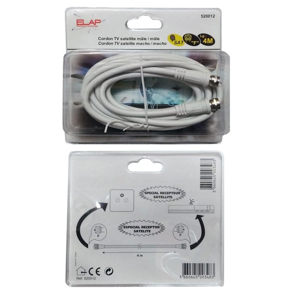 Câble Satellite Fiche F, Mâle/Mâle, Blanc, 4M Elap