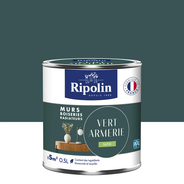 Peinture intérieur satiné mur, boiserie et radiateur RIPOLIN vert armerie, 0.5 litre