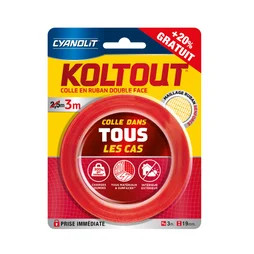 Ruban adhésif double face Koltout CYANOLIT + 20% gratuit L.3 m x l.19 mm 