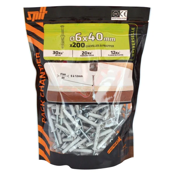 Lot De 200 Chevilles À Frapper Nylon Spit, Diam.6 X L.40 Mm